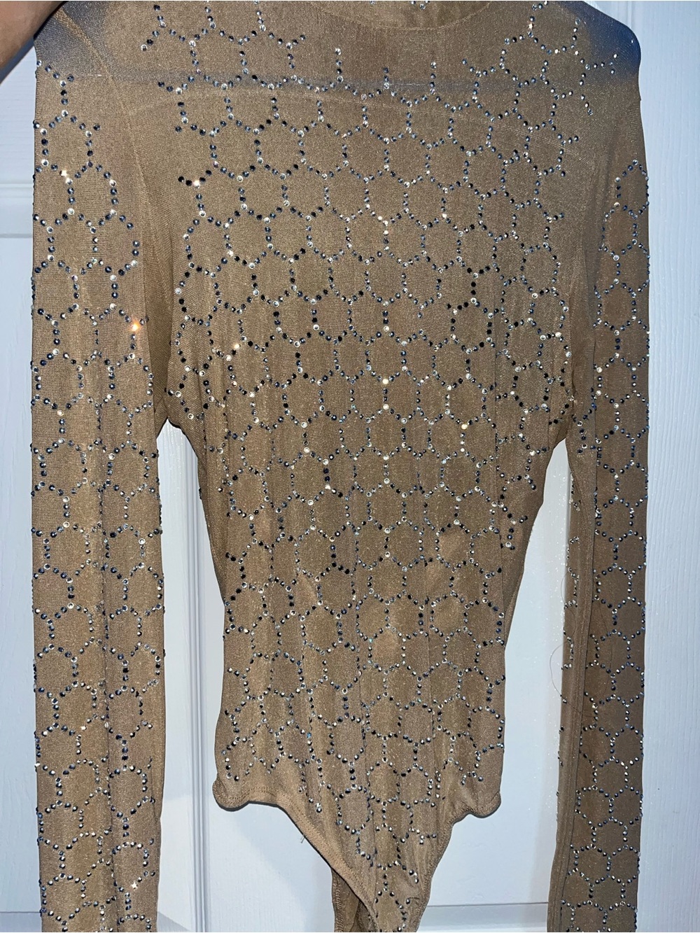 Long Sleeve Rhinestone Skin Mesh Bodysuit (Small)
